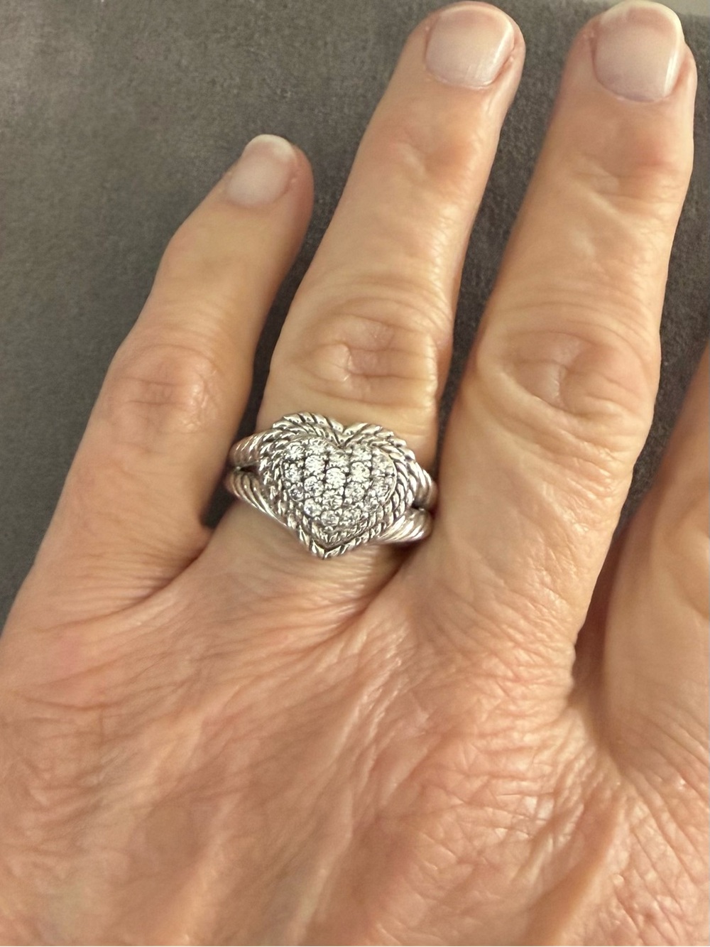 Judith Ripka Sterling Silver + Clear Crystal Braided Band Heart Ring Size 9